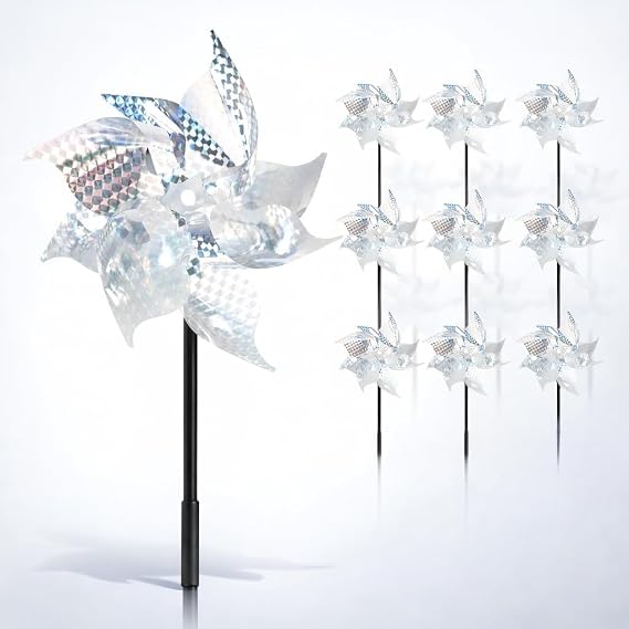 10Pcs Reflective Bird Repellent Windmills | Laser pinwheel spinners with reflective PET film, approx 19 x 50cm assembled size for outdoor use.