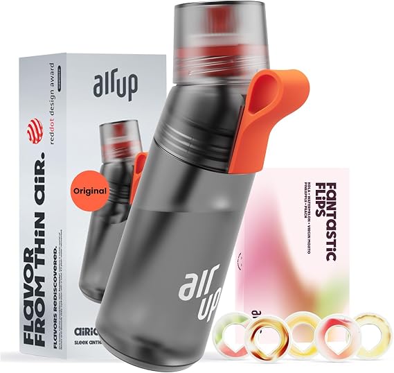 air up® Trinkflasche (600 ml) für Schule Sport Gym inkl. 5 zuckerfreien Duft-Pods &amp; Strohhalm Wasserflasche in Grau mit Geschmack - auch für Kinder Jungen Mädchen AMZN Flair