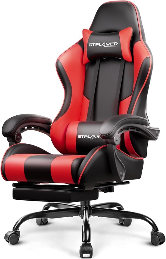 GTPLAYER Gaming Chair, Computer Chair with Footrest and Lumbar Support, Height Adjustable Game Chair with 360-Swivel Seat and Headrest and for Office or Gaming (Faux Leather, Red)