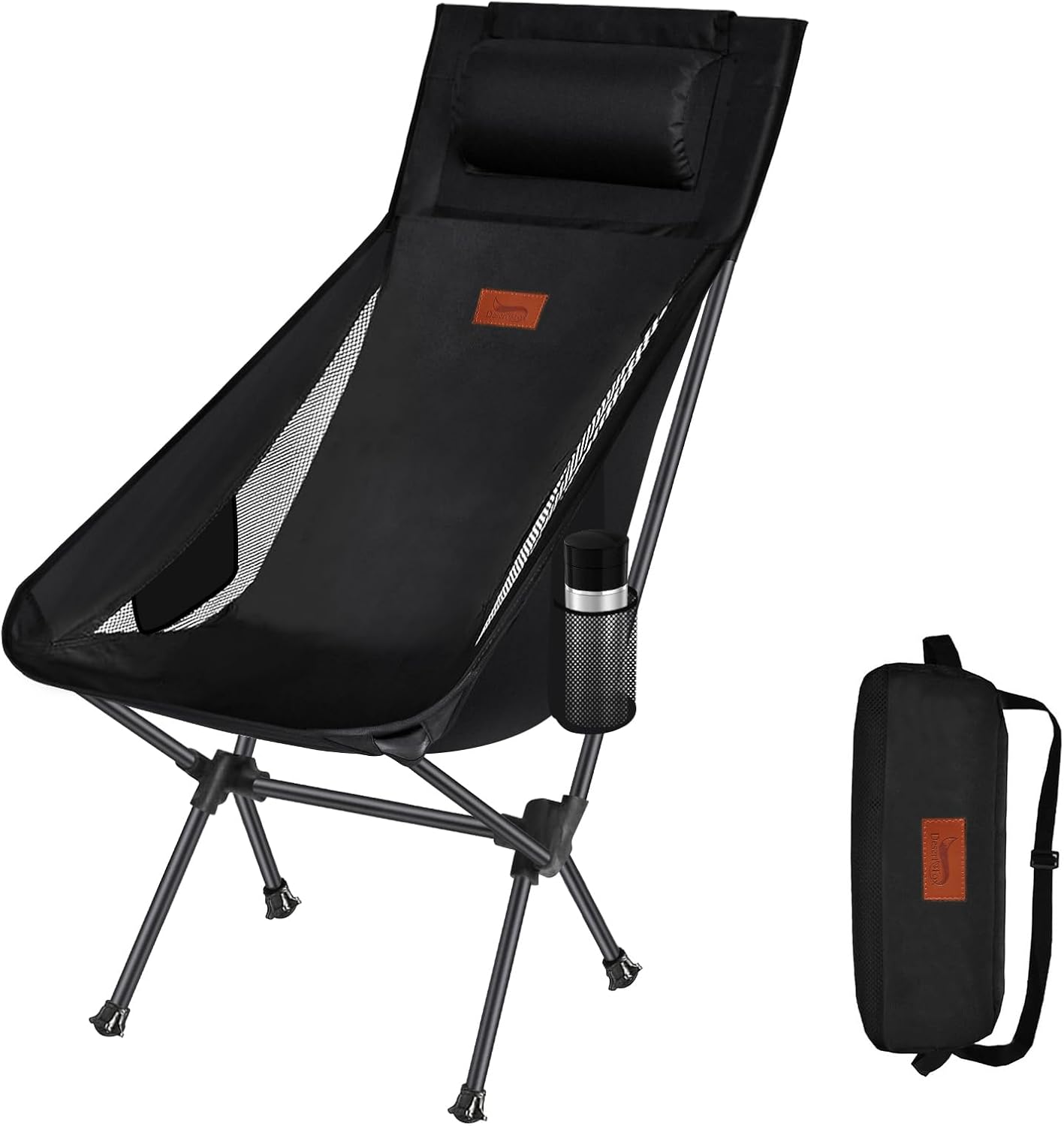 DesertFox 0088 Folding Outdoor Chair, With Pillow, Ultra Lightweight, With Unique Cup Holder, Load Capacity 330.7 lbs 150 kg, Camping Chair, Compact, Chair, High Back Chair, Storage Bag Included