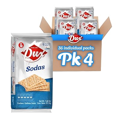 Dux, Sodas Crackers, Crunchy Taste For Snacking or Meals, Enjoy Anytime, 7.62 Ounce, 1 Box contains 4 Bags, each with 9 Individual Packs and every pack includes 3 Crackers, totaling 36 crackers per box.