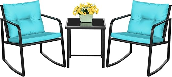 Devoko 3 Pieces Patio Furniture Set Wicker Outdoor Rocking Chair, Blue
