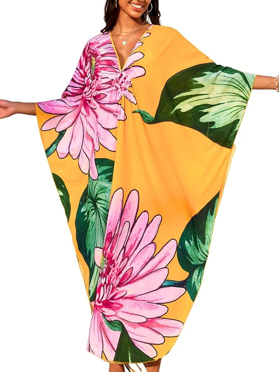 ChiaoLezhee Print Moo-Moos for Women, Kaftan Cover-Up Dresses, Sexy V-Neck High-Slit, Beach Pool-Party Coverups Muumuu Plus