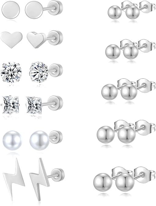 Stud Earrings Set for Women, 14K Gold Plated Hypoallergenic Heart Pearl Ball Studs Pack 316L Stainless Steel CZ Earrings Multi-Style & Size 3-8mm