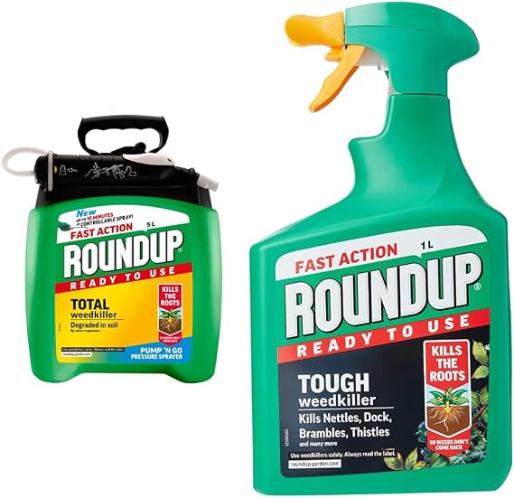 Roundup Fast Action Weedkiller Pump 'N Go Ready To Use Spray, 5 Litre & Tough Weedkiller, Spray, 1 Litre