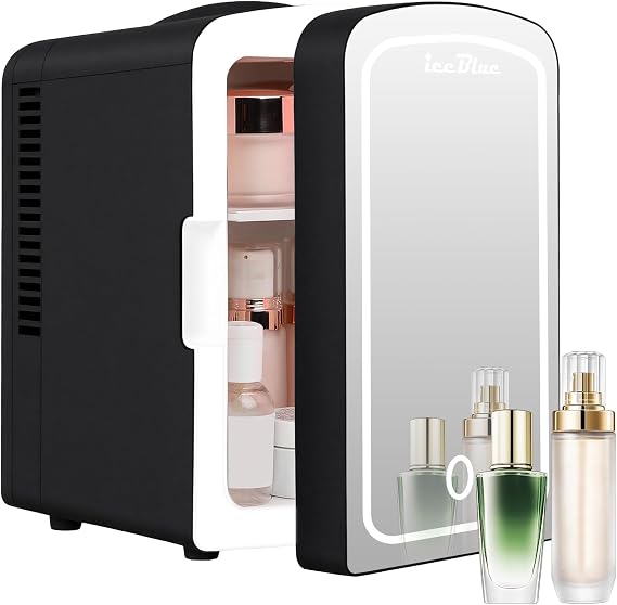Iceblue Mini Fridge, 4 Liter /6 Cans Makeup Fridge with LED Mirror - Black