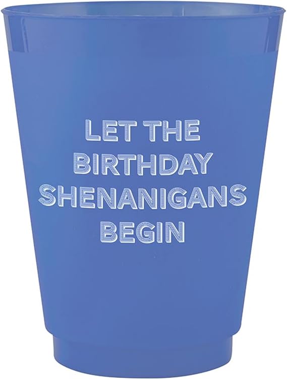 Slant Birthday Party Supplies Plastic Cups - 8-Count Reusable Frosted Drink Glasses, 16-Ounce, Shenanigans