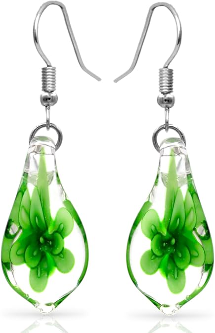 BESHEEK Handmade Earrings Murano Glass Inspired Unique Blue Green Teardrop Flower Glass Dangle Drop Earrings for Women Hypoallergenic Earrings Jewelry