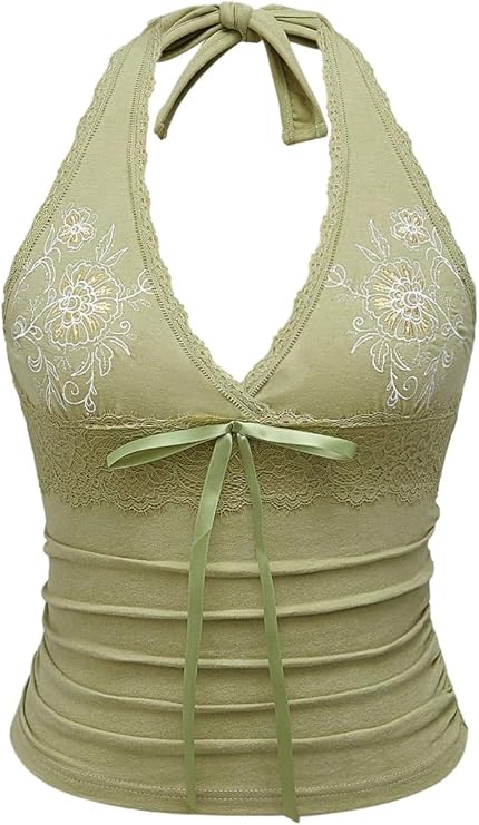 OYOANGLE Women's Y2k Halter Tops Floral Embroidery Going Out Top