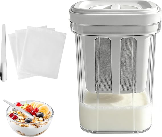 Yogurt Strainer,1100ml Greek Yogurt Strainer,with Stainless Steel Fine Mesh | 1.16Quarts Yoghurt Maker Strainer,with 3pcs Fine Mesh Bag,1pc Yogurt Spoon,for Thick Greek-Yogurts,Soybean Milk,Fruit Juice
