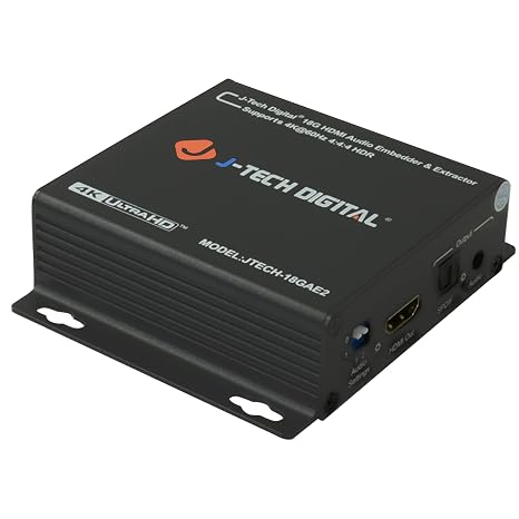 J-Tech Digital 4K 60HZ HDMI Audio Extractor with HDMI Audio Embedder Optical SPDIF + 3.5MM Output Supports 18Gpbs Bandwidth, HDCP 2.2, Dolby Digital/DTS Passthrough CEC, HDR10 [JTECH-18GAE2]