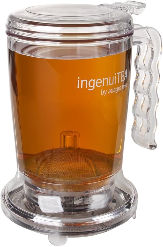 ingenuiTEA Bottom-Dispensing Teapot, PBA-Free. Works with any tea and cup. Makes 16 oz of tea. Dishwasher-safe. The easiest way to prepare loose tea.