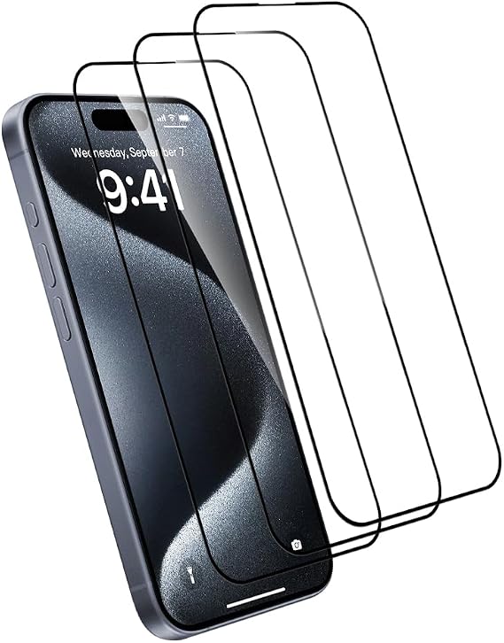 Screen Protector 3 Pack For iPhone 15, Tempered Glass HD Clear 9H Hardness Shatterproof, Anti Fingerprint, Anti Scratch, Vacuum Bonding Bubbles Free Easy Install