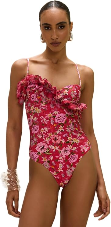 Peony Print Lycra Ruffle Bodysuit