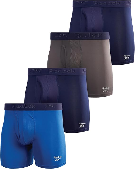 Reebok Mens Boxer Briefs 4 Pack Underwear with Functional Fly, 6'' Inseam