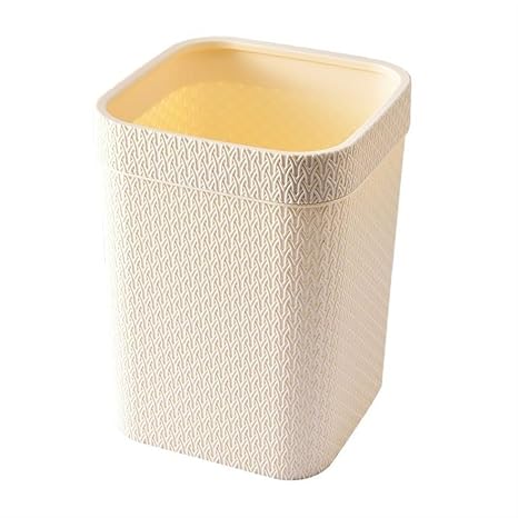 Fashionable Indoor Garbage Bin, Modern Imitation Rattan Trash Can, 4 Gallon Square Plastic Trash Can Open Top Wastebasket Bin with Pressure Ring, for Living Room, Bedroom, Office ,Get More Storage(Bei