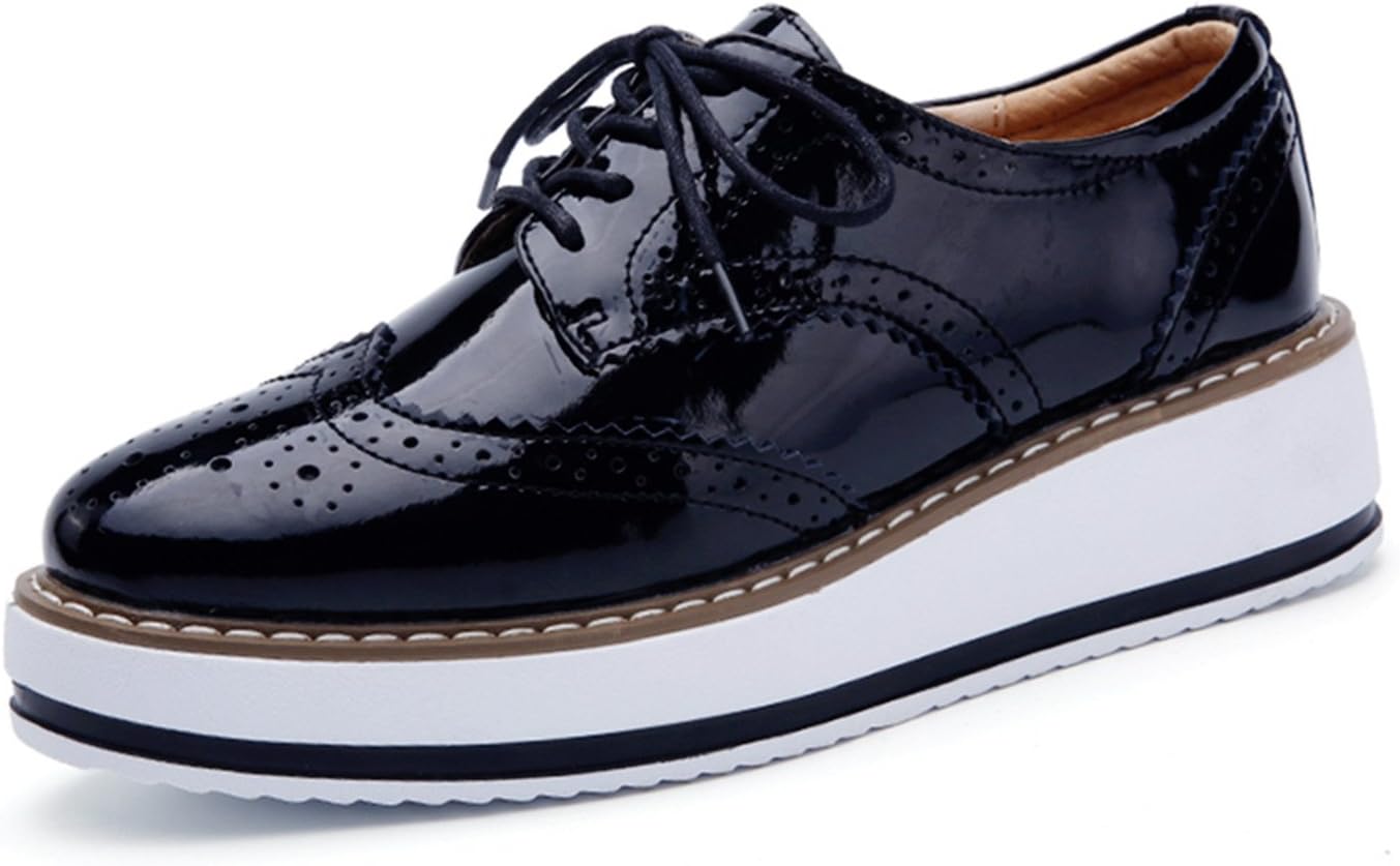 DADAWEN Womens Platform Lace-Up Wingtips Square Toe Oxfords Shoe