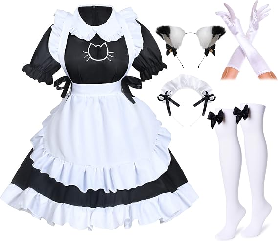 Anime French Cat Maid Apron Fancy Dress Cosplay Costume Headwear Gloves Socks Set(Black S)