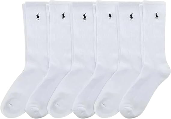 POLO RALPH LAUREN Men's Classic Sport Ribbed Crew Socks, 6 Pack Pair, White w/Navy Blue Pony Logo, Half Cushioned Sole, Size 10-13 / Shoe 6-12.5, Recycled Polyester/Spandex, ZP821005PK6N-WHNAV