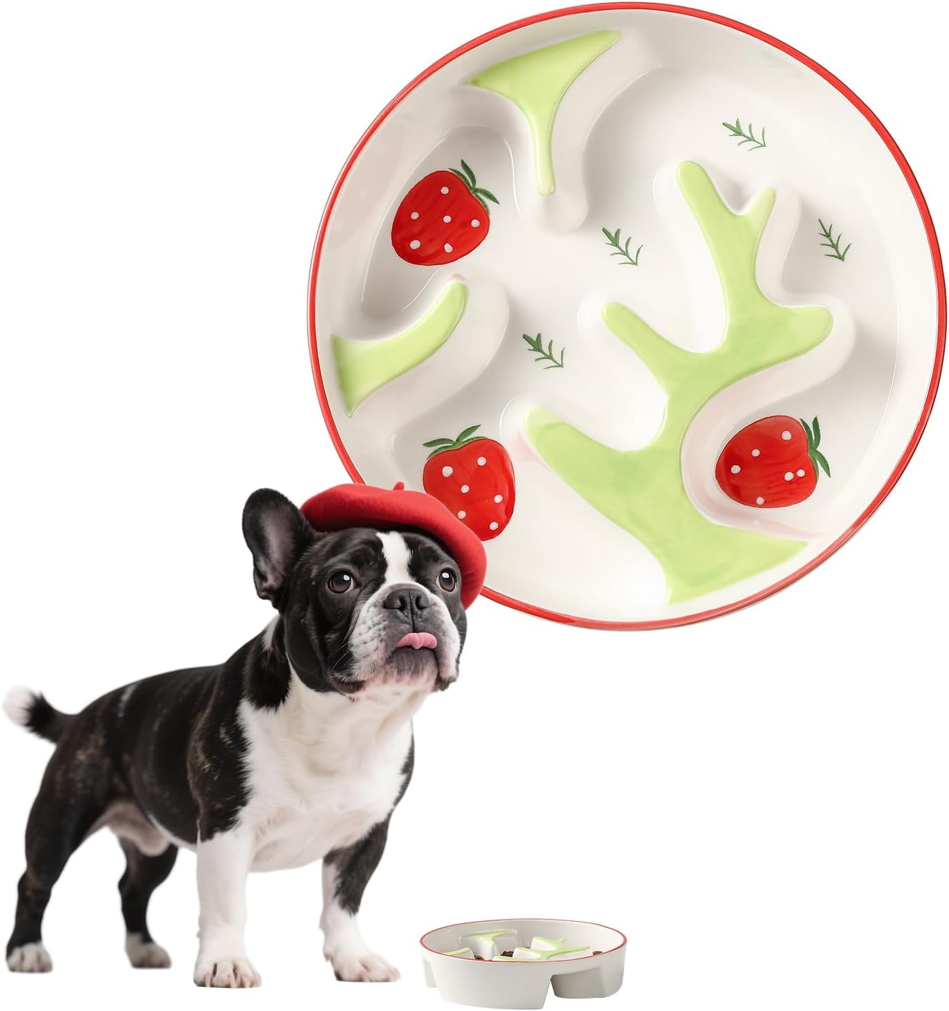 Ceramic Slow Feeder Dog Bowl - Portion Control Feeding Bowl for Medium Dogs - Cute Maze Food Dish for Fast Eaters - 3.1 Cups 310 g - Doodle Series Strawberry