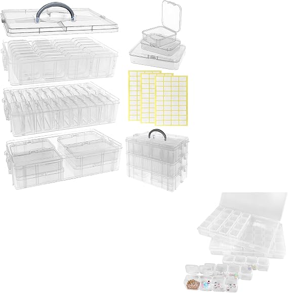 Guyuyii 3 Tier Stackable Bead Organizer and 2 Pack 28 Grids Diamond Painting Storage Container