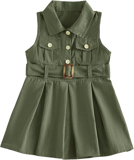 Toddler Baby Girl Summer Dress Lapel Collar Button Front A Line Pleated Ruffle Dresses Spring Clothes with Belt