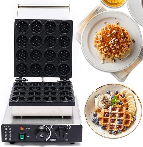 Commercial Round Waffle Maker,16 Pieces Mini Electric Waffle Maker Iron Machine,Stainless Steel Non-Stick,For Individual Waffle Hash Browns Egg Cakes Restaurant Snack Bar Home