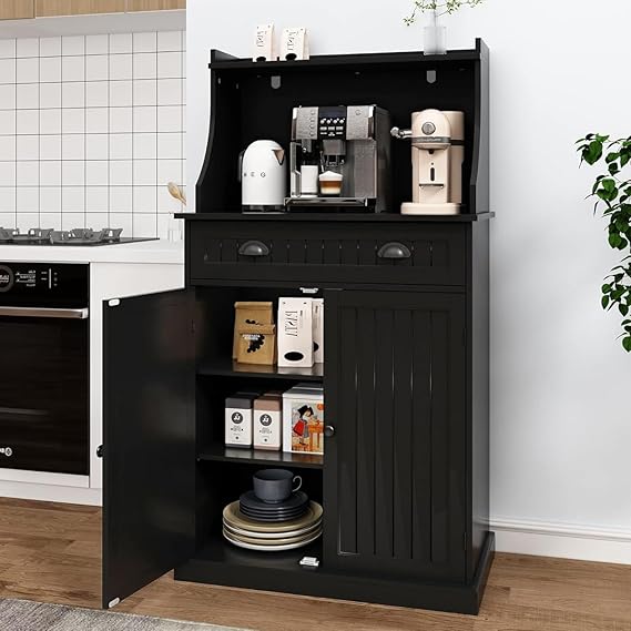 HOLTICO 54" Microwave Storage Cabinet with Doors, Black | Freestanding Kitchen Pantry with Drawer, Coffee Bar Station with Cable Management