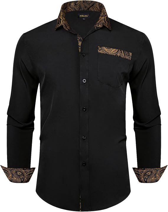 DiBanGu Men's Paisley Dress Shirts Long Sleeve Button Down Inner Contrast Casual Business Shirt with Collar Pin