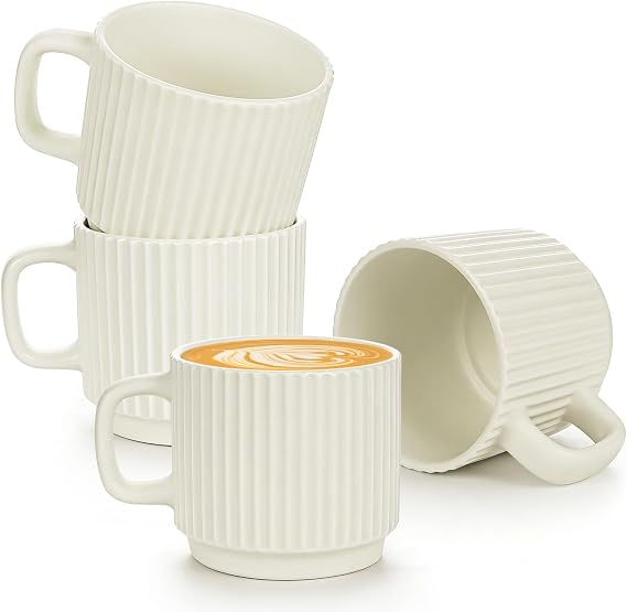 Stackable Coffee Mugs Set of 4, 200ml Porcelain Coffee Cup with Handle, Espresso Ceramics Cups for Tea Latte Cocoa Cappuccino, Cream Color
