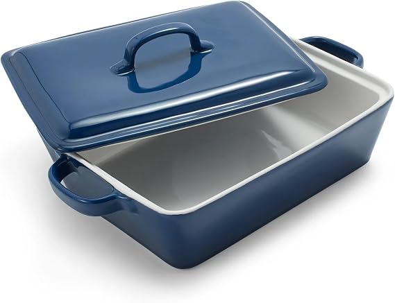 Sur La Table Rectangular Stoneware Casserole with Lid, 4 qt, Blue