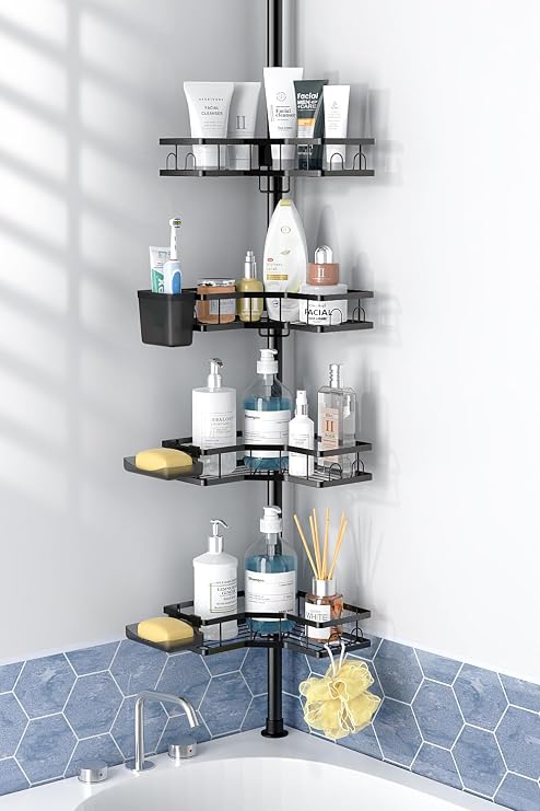 Adjustable Shower Caddy Tension Pole: Rustproof Corner Bathroom Shelves | 4-Tier 31-124" No Drill Standing Organizer Fits Apartments Rentals Bathroom Bathtub, for Shampoo, Conditioner, Bath Essential