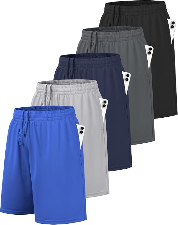 BALENNZ 5 Pack Boys Basketball Athletic Shorts Quick Dry with Pockets | Moisture Wicking, Active Performance Shorts for Teen Kids Youth with Elastic Waistband, Breathable & Lightweight