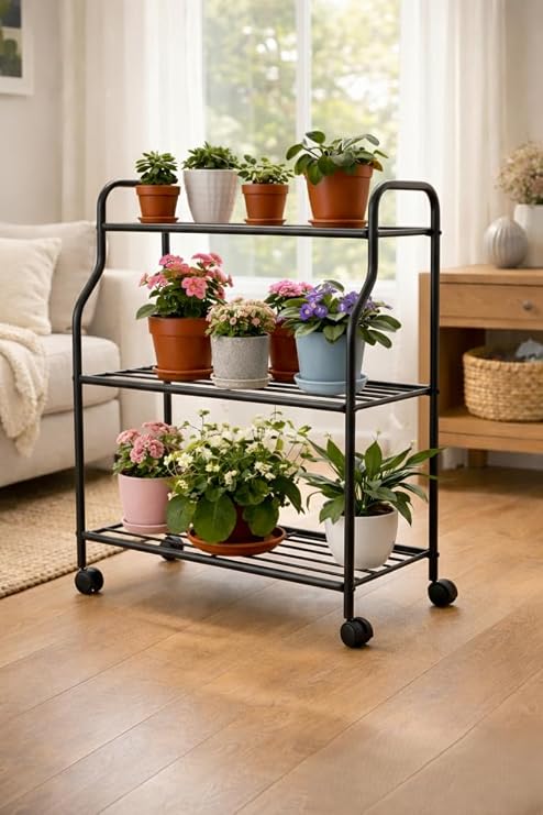 ArvionHome 3 Katlı Metal Tekerlekli Çok Amaçlı Raf – Çiçeklik, Mutfak Rafı, Banyo Organizeri, Dekoratif Metal Stand, Siyah (SİYAH)