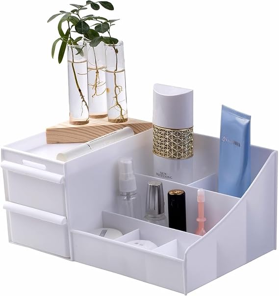 Çekmeceli Beyaz Organizer – Çok Bölmeli Masaüstü ve Makyaj Organizeri, Kozmetik, Ofis ve Banyo Düzenleyici, Dayanıklı Plastik, Modern Tasarım