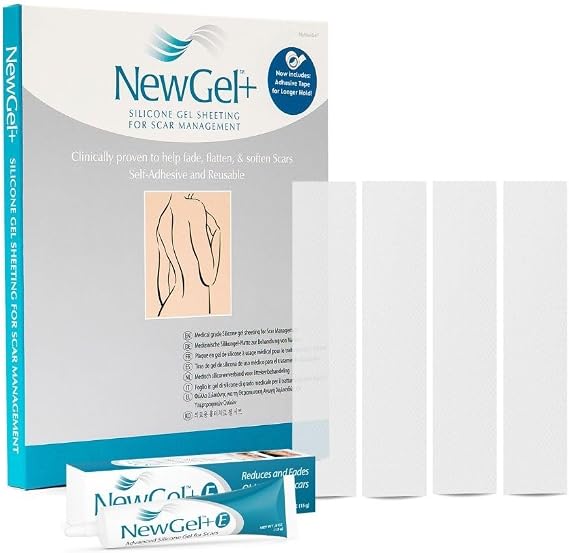 NewGel Plus by MyNewGel Day & Night Scar Care Bundle, 1 x 6 Ultra Thick Silicone Sheeting Strips (Clear) + Vitamin E Scar Gel for All Day Treatment