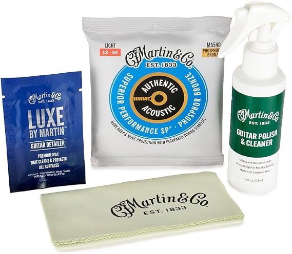 Martin Guitar Cleaning Kit | Complete Bundle with Polish, Microfiber Cloth, Detailer & Strings | Pro-Level Care for Acoustic Guitars