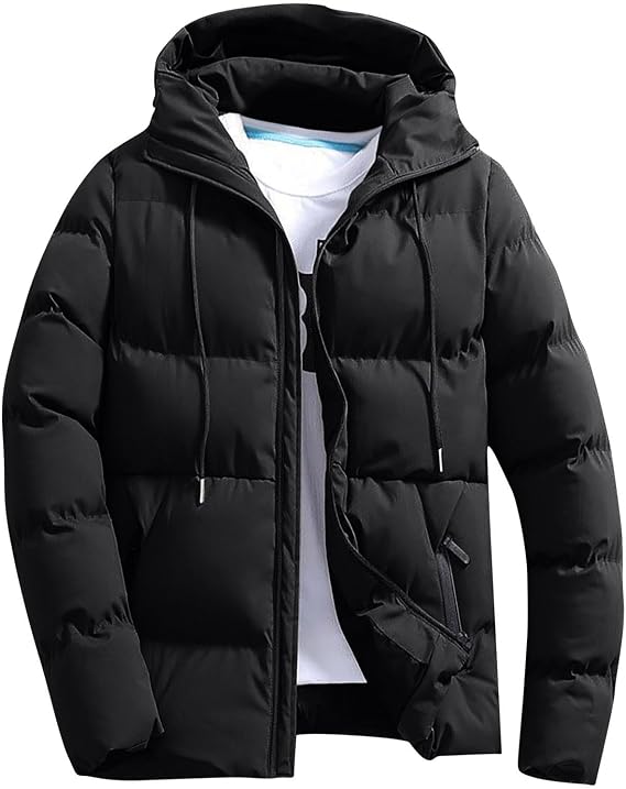 Men's Puffer Jacket Casual Full Zip Long Sleeve Hooded Coats Warm Solid Color Drawstring Quilted Down Jackets Lightweight Padded Outerwear for Cold Weather Fashion Streetwear Parkas Outwear