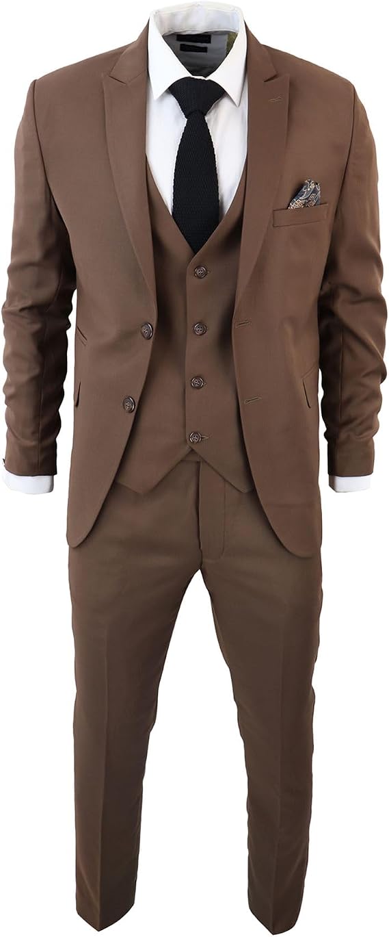 Men's Classic Brown Suit 3 Piece Tailored Fit Vintage Office Wedding Prom