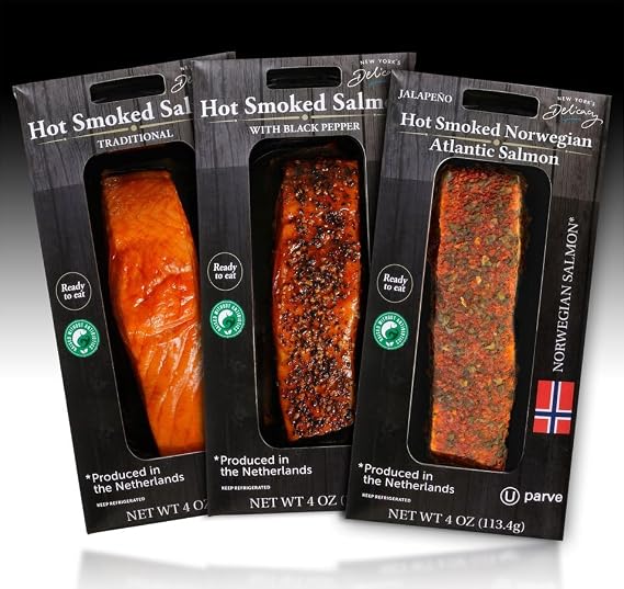 New York's Delicacy Hot Smoked Salmon, Assorted Combo, 3x4 Oz, 0.75 lb