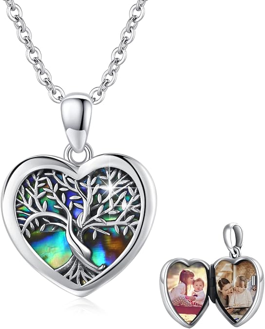 Tree of Life Locket Necklace That Hold Pictures Sterling Silver with Abalone Shell Family Tree Pendant Necklace Memorial Photo Heart Necklace Jewelry Xmas Gifts for Women
