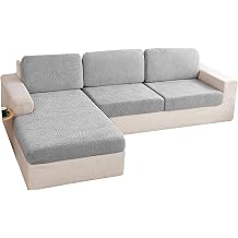 Super Stretch Sofa Seat Cushion Covers With Elastic Bottom Corner L U Shape Chaise Longue Sofa Back Cushion Cover 1 2 3 4 Seater Couch Covers For Dogs (4 Seater Cover L: 160-200cm- W: 65-95cm,Grey)