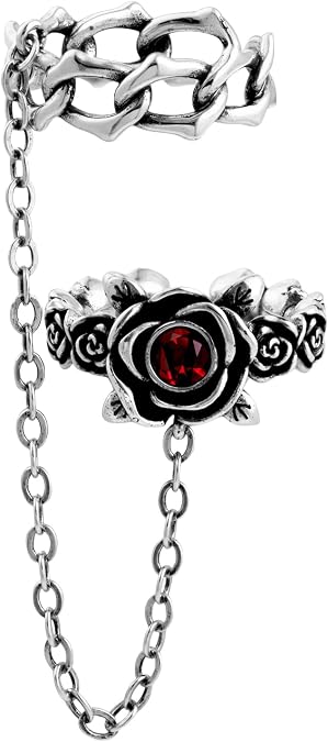 Silver Rose Double Ring with Chain Gothic Stackable Adjustable Rings for Women Witchy Y2K Jewelry