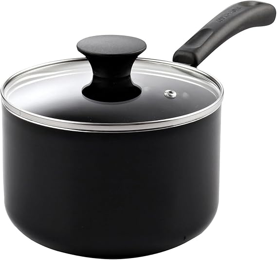 Cook N Home Basic 1 Quart Nonstick Saucepan with Glass Lid, Small Non Stick Aluminum Sauce Pan, Multi-Purpose Milk Chocolate Cooking Pot with Stay-Cool Handle, Black