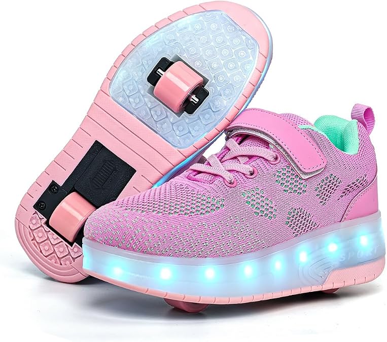Wooowyet LED ローラースケートシューズ キッズ ボーイズ ガールズ ライトアップ ファッション スニーカー ホイール ホイール付き USB 充電式 フック&ループ