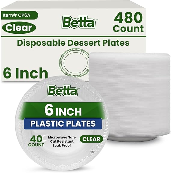 Betta 6-Inch Disposable Plastic Dessert Plates, Clear, 480 Count, Bulk Case for Schools, Breakrooms and Cafeteria, Microwave Safe (12 Pack Per Box x40)