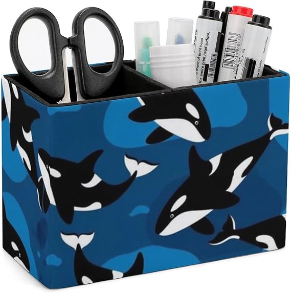 PU Leather Pen Holder Desk Pencil Holder, Office Accessories Ocean Orca Killer Whale Container Box for Home Classroom College
