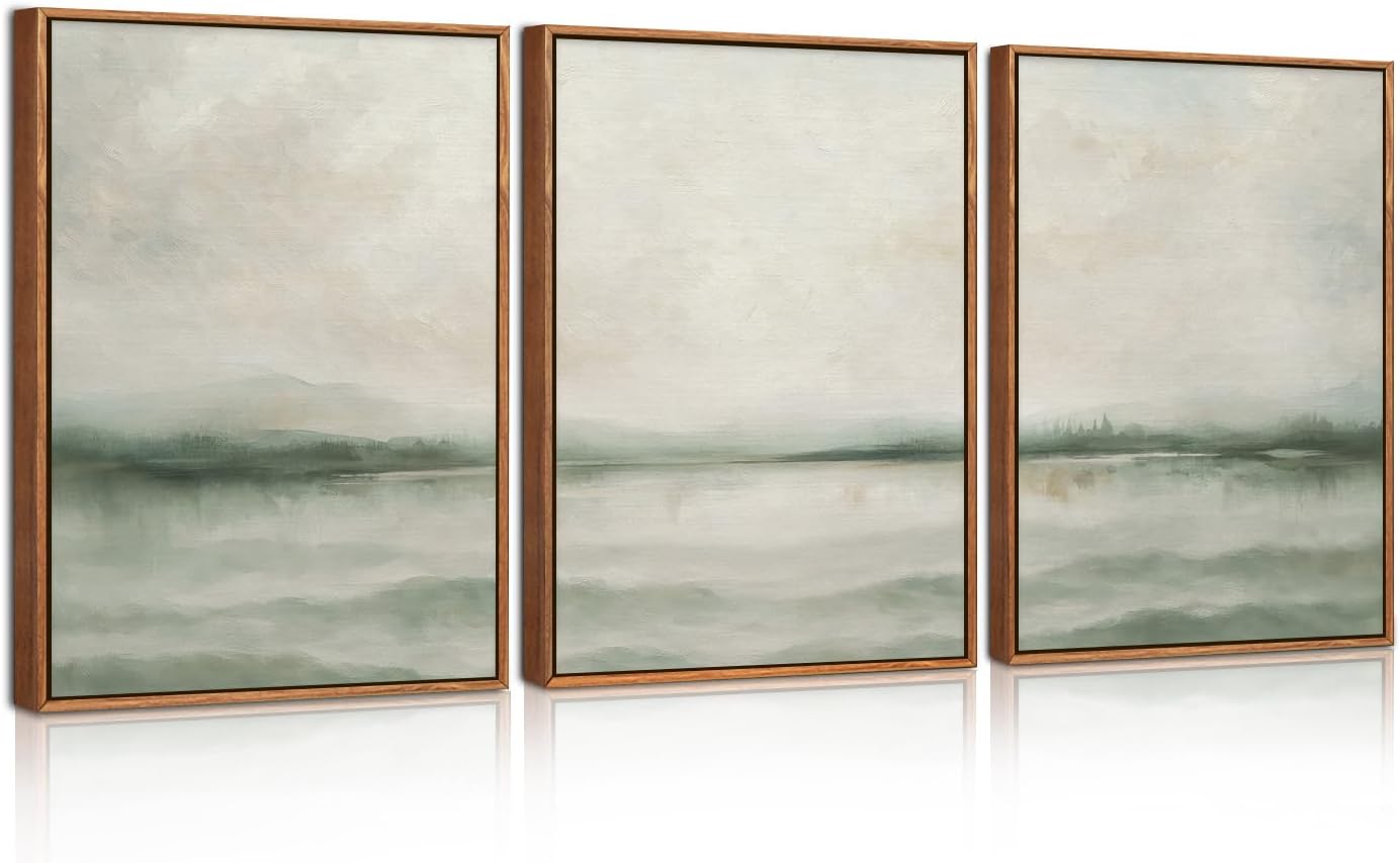 CHDITB 3Pcs Framed Misty Green Mountain Lake Canvas Wall Art,Watercolor Abstract Natural Landscape Wall Decor,Neutral Modern Scenery Art Prints for Farmhouse Home Living Room Bedroom Office(30x40cm)