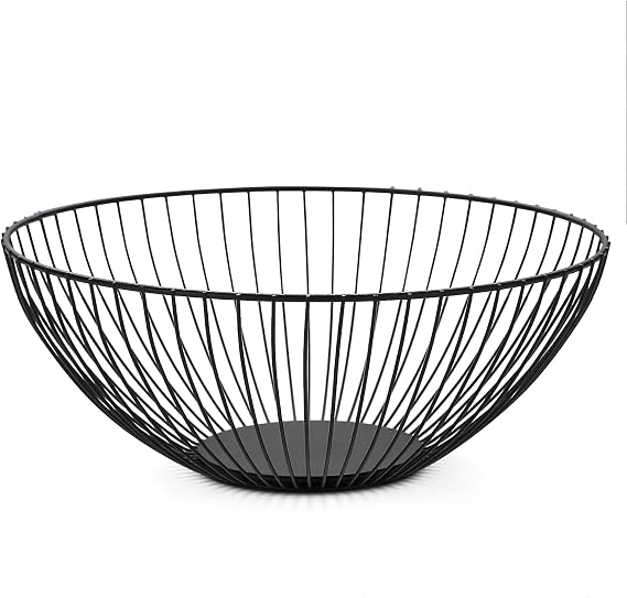 HOMQUEN Fruit Basket, Fruit Bowl, Fruit Basket Made of Metal Wire for Kitchen, Fruit Bowl for Kitchen Counter, Basket for Fruit, Vegetables, Bread, Snacks, Kitchen Helper (Round Short, Black)