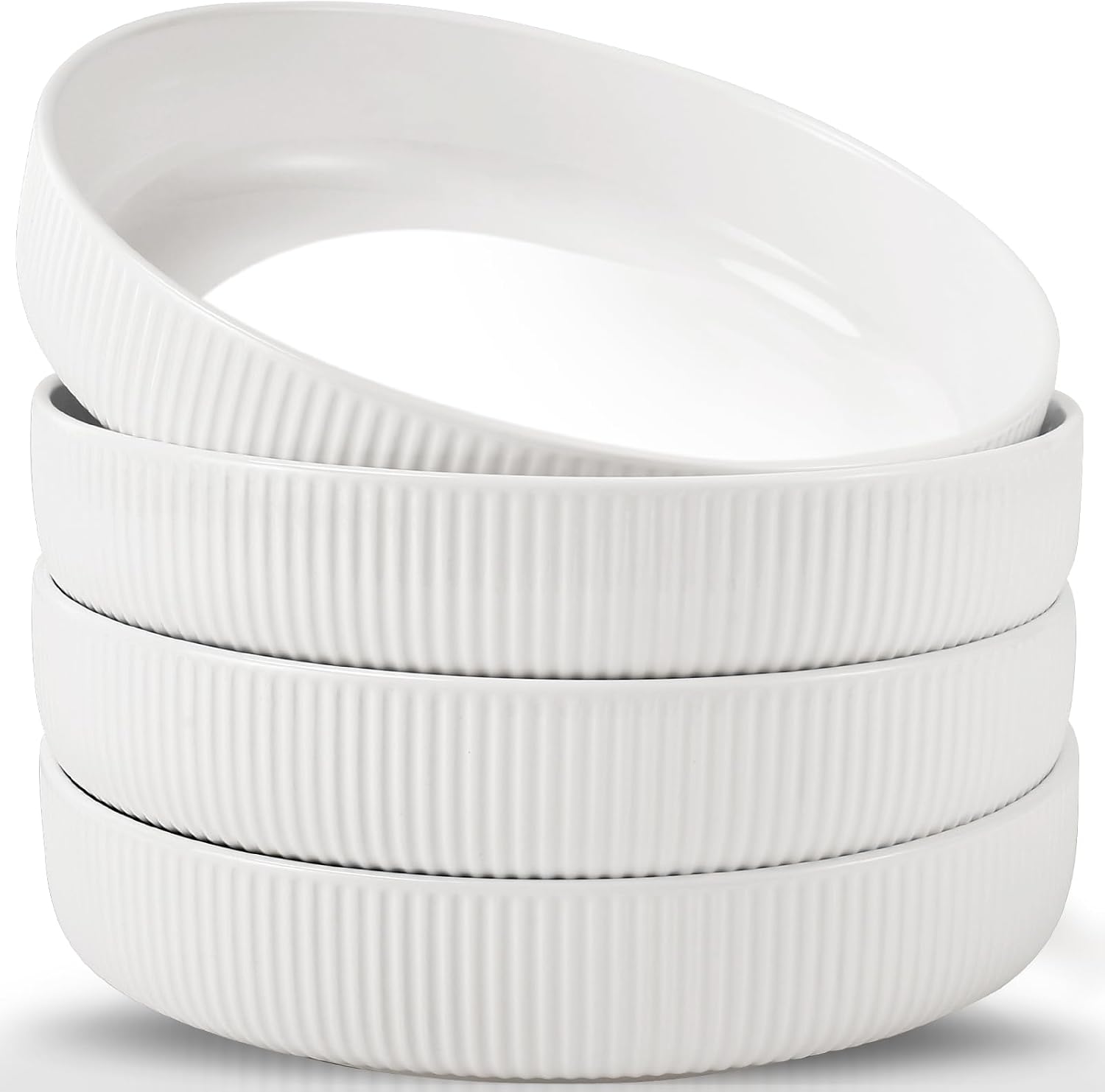 4 Pack Pasta Bowls, 35 oz Large Salad Bowls Plates, Serving Bowl for Soups and Salads, Wide and Shallow Ceramic Pasta Plates, Microwave & Dishwasher Safe, Textured Stripes, 20.5cm(White)